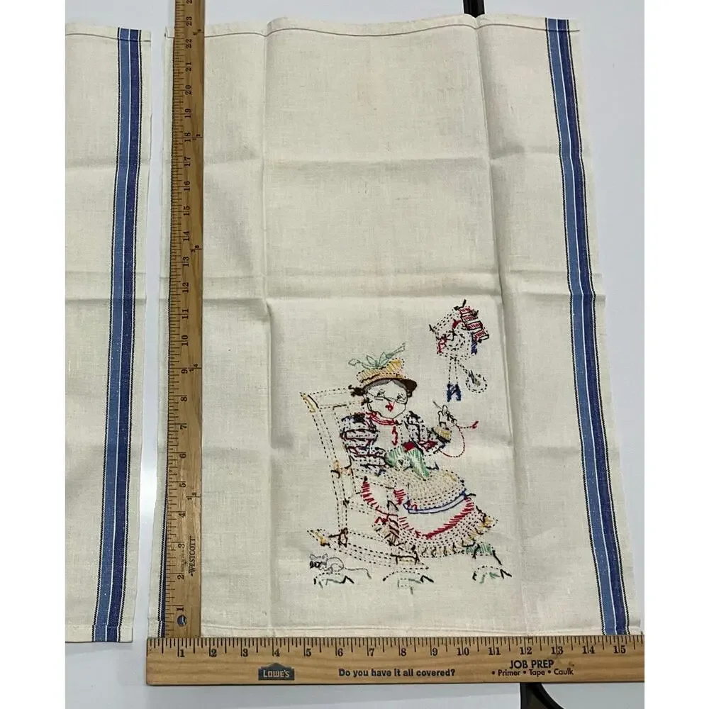 Vintage 2 Handmade Embroidery Kitchen Dish Towels Grandma Grandpa Rock'n NEW - Picture 6 of 7